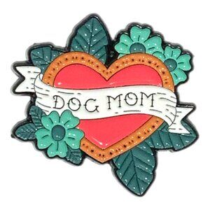 Dog Mom Tattoo Style Enamel Pin Floral Leaves Heart